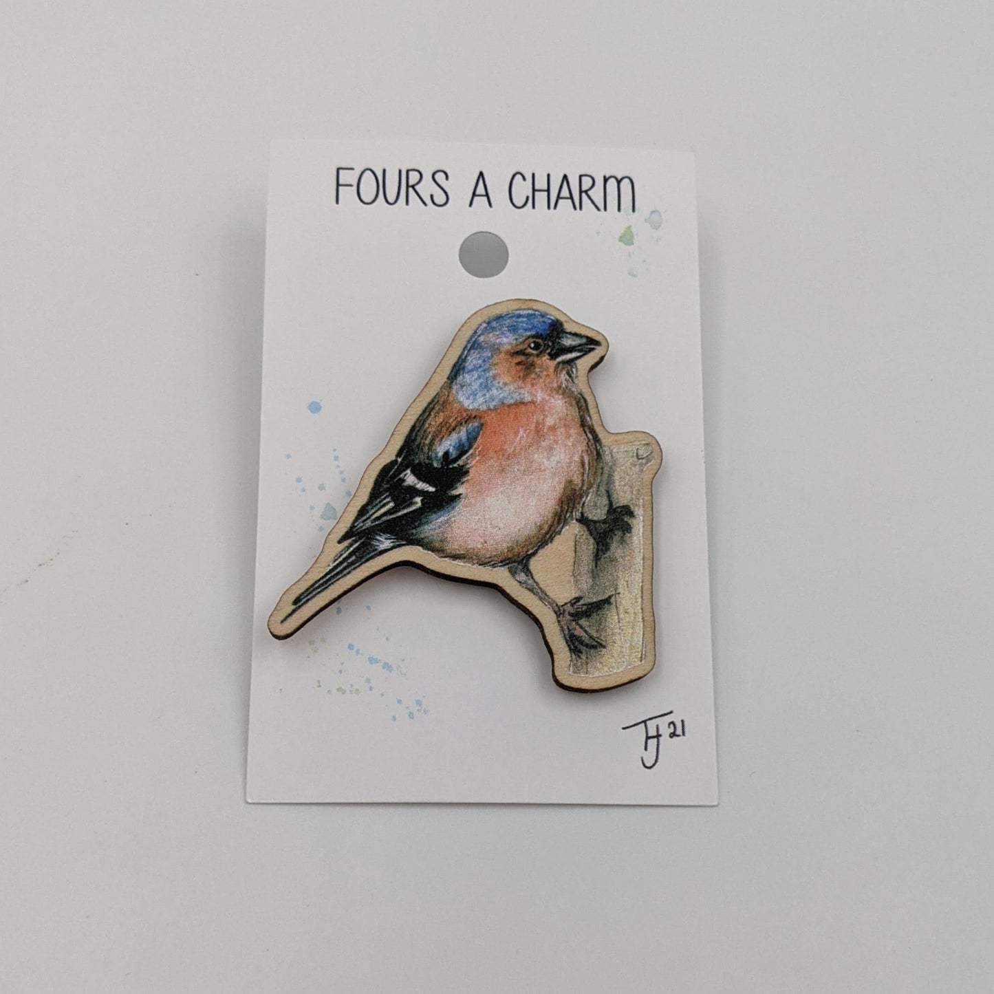 "Fours a Charm" Chaffinch Wooden Fridge Magnet