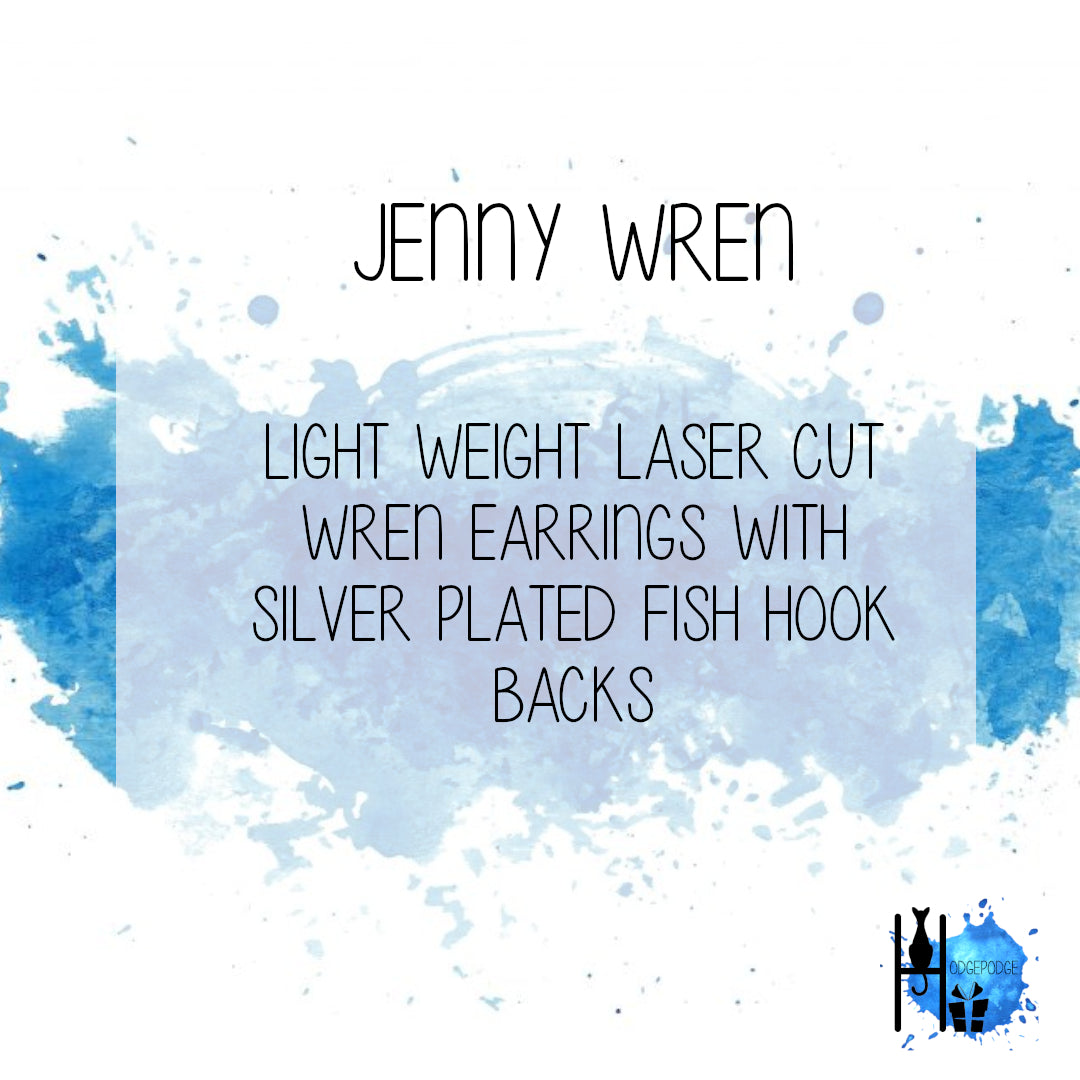 "Jenny Wren" Wren Silver Plated Laser Cut Earrings